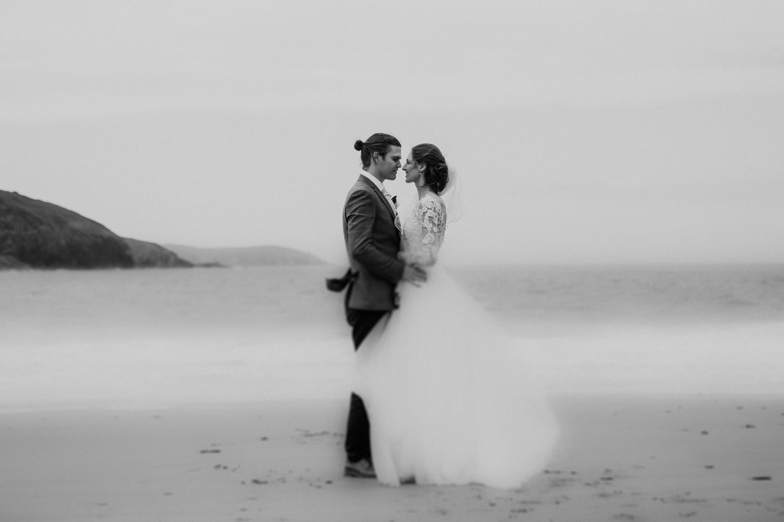 Bride and Groom black and white portrait on Mwnt beach